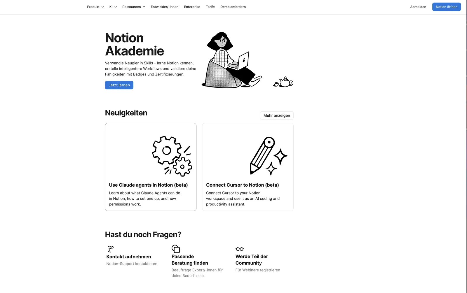 Notion Akademie auf der deutschen Website: kostenlose Kurse mit Illustrationen, darunter Neuigkeiten und Community-Angebote