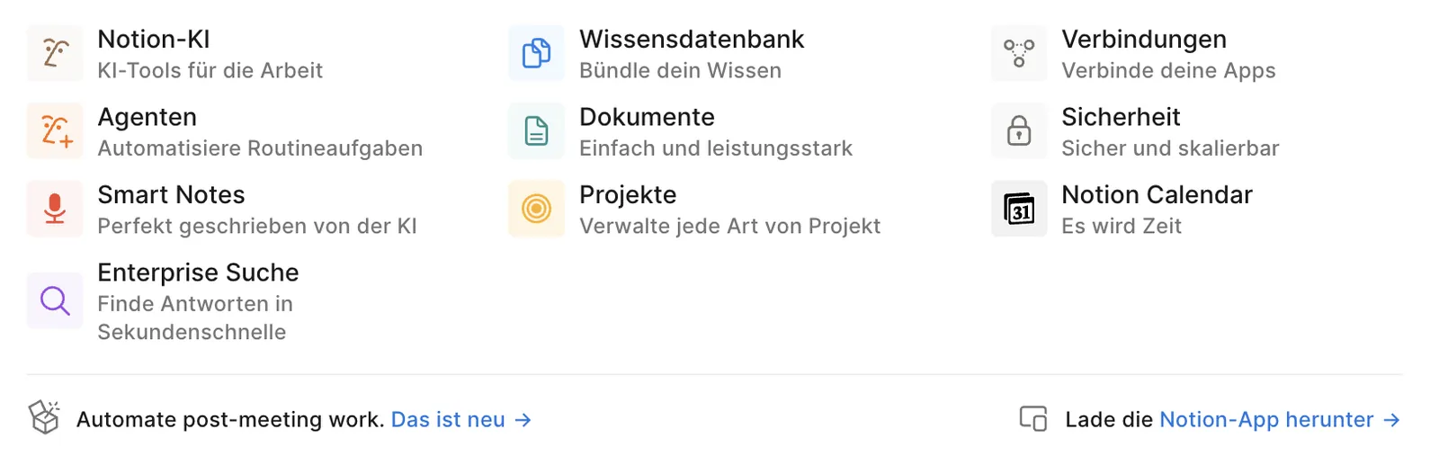 Funktionsübersicht von der Notion-Website: Notion-KI, Agenten, Smart Notes, Wissensdatenbank, Dokumente, Projekte, Verbindungen, Sicherheit