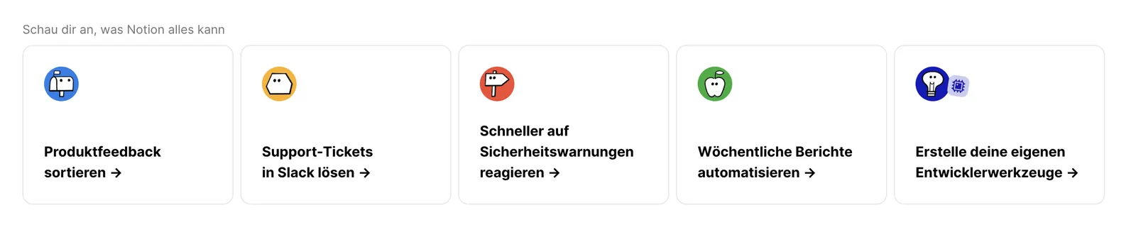 Fünf Anwendungsbeispiele von der Notion-Website: Produktfeedback sortieren, Support-Tickets in Slack klären, auf Sicherheitswarnungen reagieren, wöchentliche Berichte automatisieren, eigene Entwicklerwerkzeuge