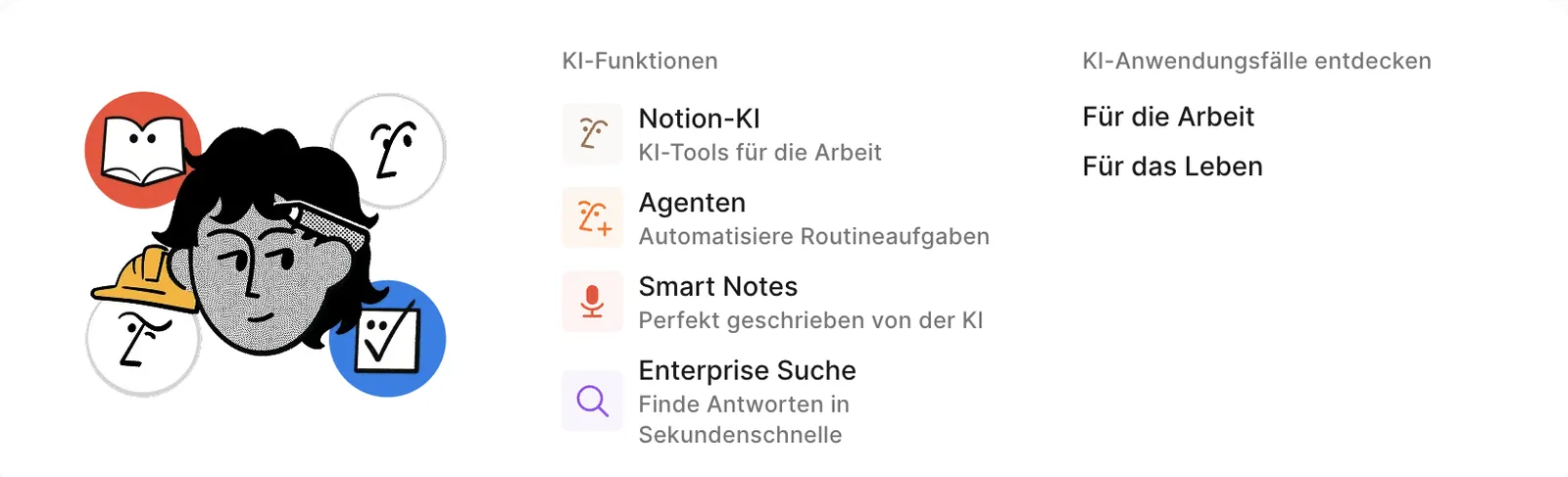 KI-Funktionsmenü der Notion-Website: Notion-KI, Agenten, Smart Notes und Enterprise Suche, daneben Einstiege für Arbeit und Alltag