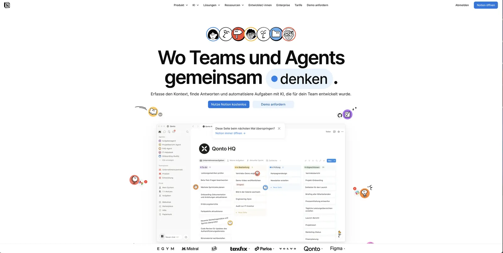 Deutsche Notion-Startseite: „Wo Teams und Agents gemeinsam denken